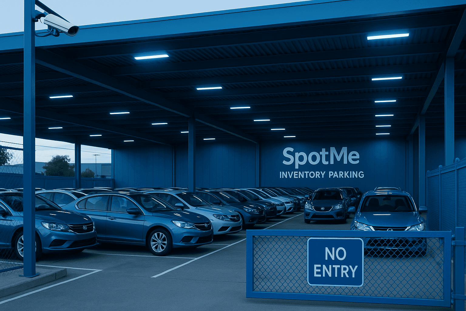 Estacionamiento seguro y controlado para inventario de autos seminuevos, con espacios amplios y acceso restringido.