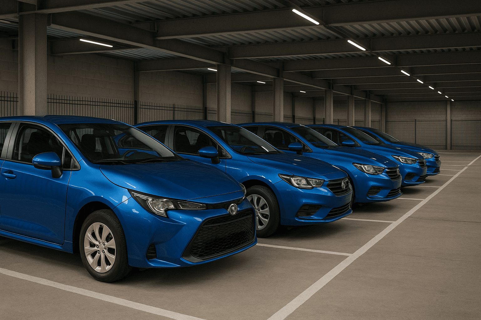 Estacionamiento empresarial seguro para flotillas de autos en espacio techado.