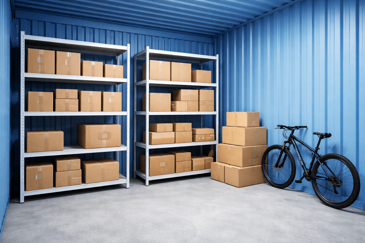 interior de minibodega azul en Monterrey con estanterías, cajas apiladas y una bicicleta